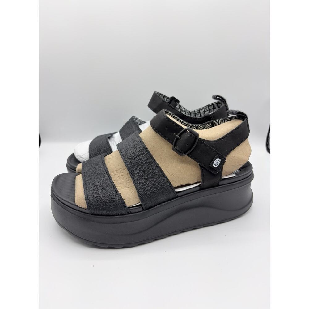 Hey Dude Delray Buckle Classic Women's Black Leather Platform Sandals Sz 10 NWT - Picture 4 of 9